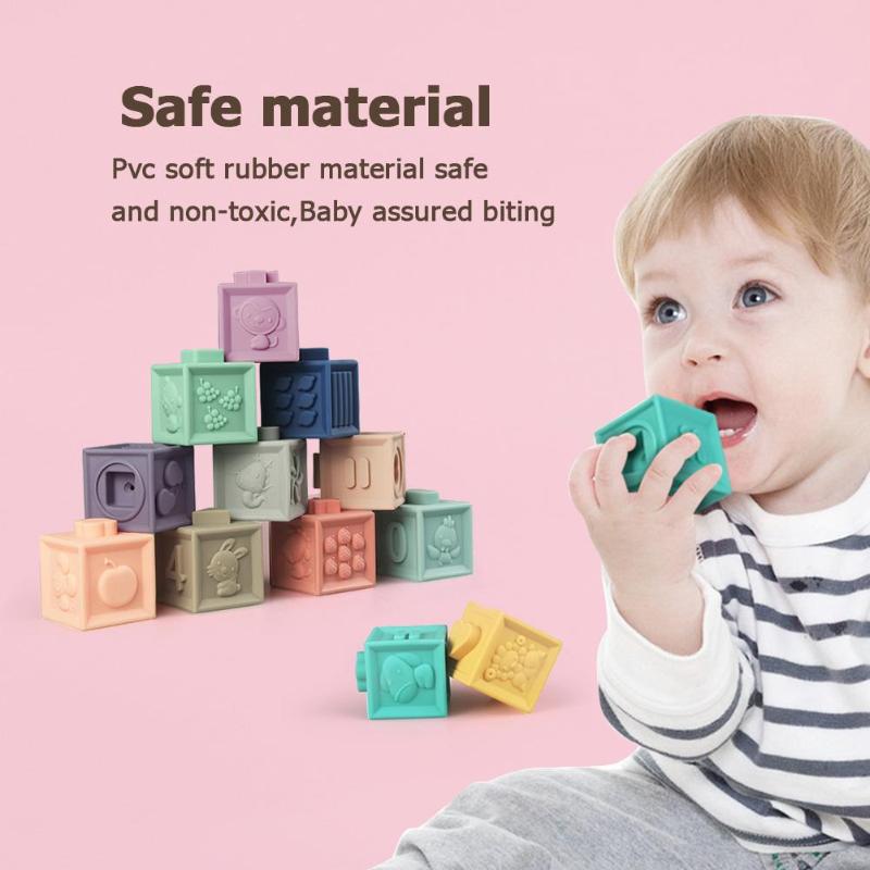 Baby Grasp Toy Soft Rubber Vinyl Embossed Building Blocks Baby Teethers Set Blocks 3D Touch Hand Soft Balls Baby Massage